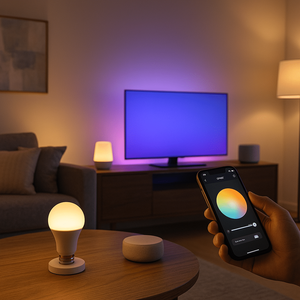 Illustration générée pour l’article : Éclairage intelligent : top 5 des systèmes connectés pour une maison moderne (2025)