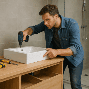 Illustration générée pour l’article : Fabriquer un meuble vasque sur mesure pour sa salle de bain