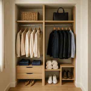 Illustration générée pour l’article : Créer un dressing sur mesure dans un petit espace