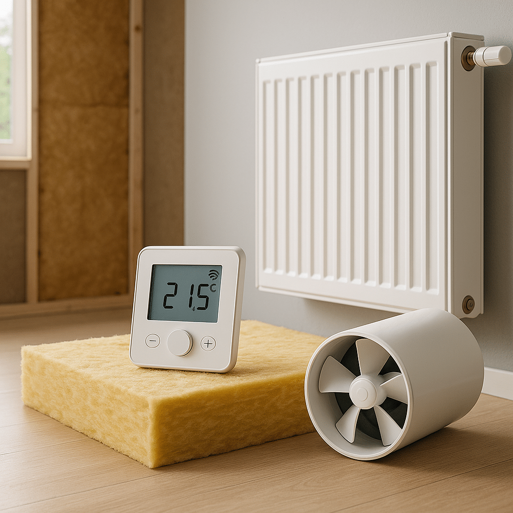 Illustration générée pour l’article : Isolation, chauffage, ventilation : le combo gagnant pour vos aides en 2025