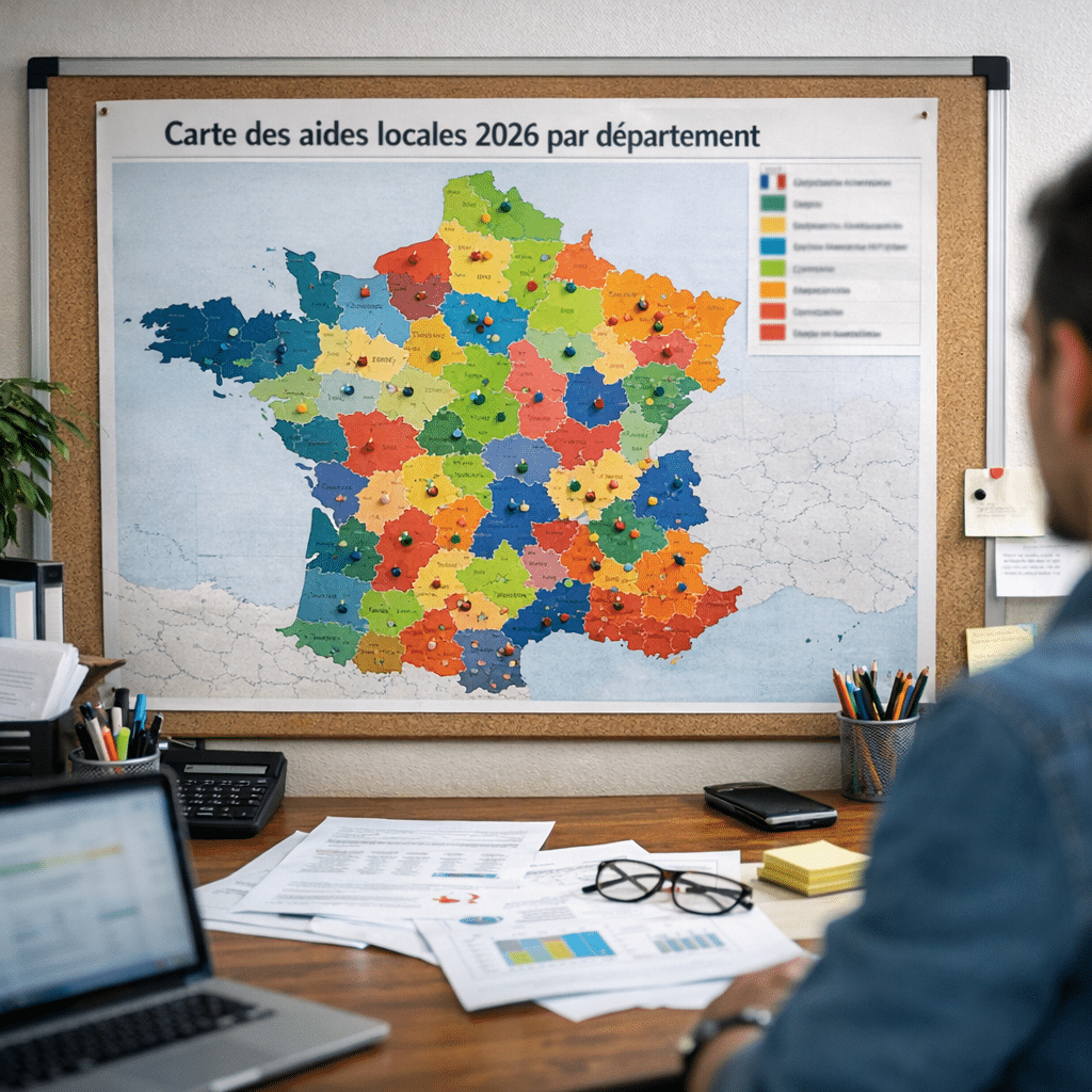 Illustration générée pour l’article : Carte des aides locales 2026 par département