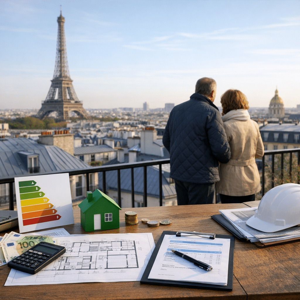 Illustration générée pour l’article : MaPrimeRénov’ 2026 à Paris : montants et aides locales