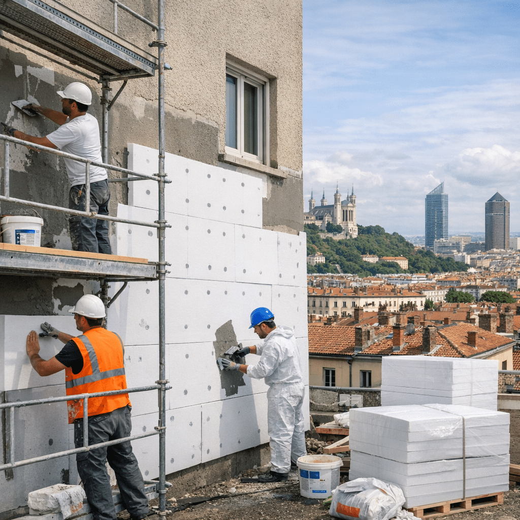 Illustration générée pour l’article : Prime isolation extérieure à Lyon en 2026