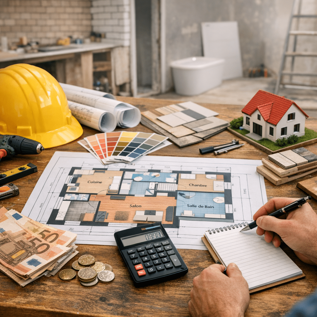 Illustration générée pour l’article : Budget rénovation maison 100m² : estimation complète pièce par pièce