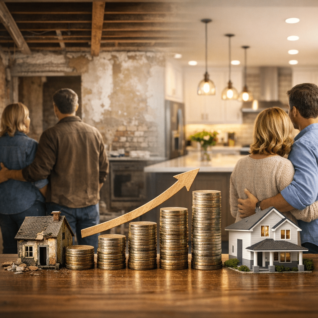Illustration générée pour l’article : Combien gagne-t-on en valeur après rénovation ?