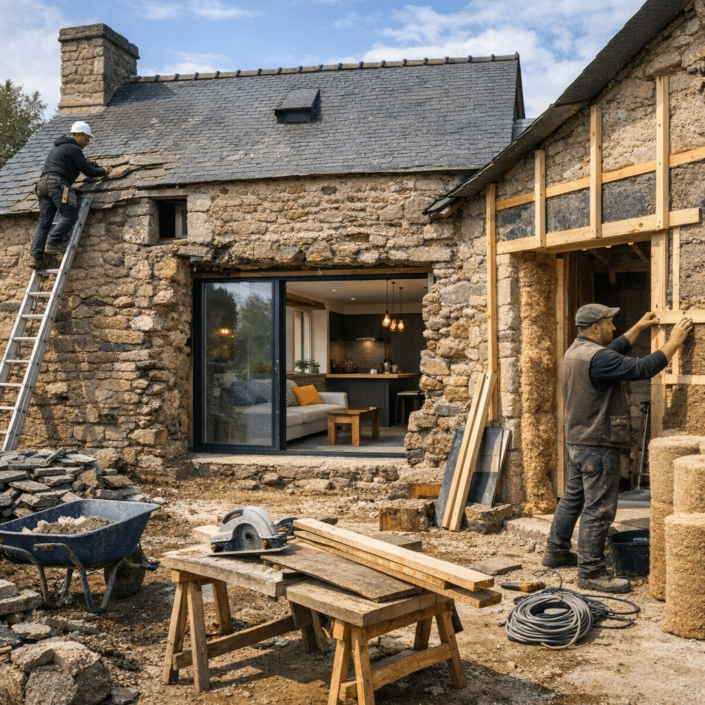 Illustration générée pour l’article : Rénovation maison ancienne en Bretagne : spécificités