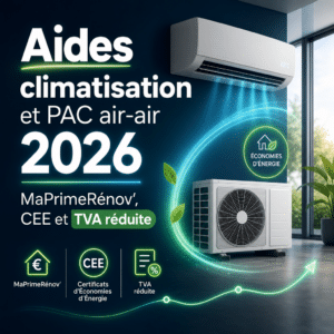 Illustration générée pour l’article : Aides climatisation et PAC air-air 2026 : MaPrimeRénov', CEE et TVA réduite
