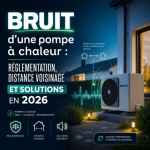 Illustration générée pour l’article : Bruit d'une pompe à chaleur : réglementation, distance voisinage et solutions en 2026