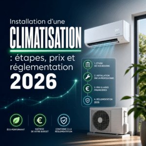 Illustration générée pour l’article : Installation d'une climatisation : étapes, prix et réglementation 2026