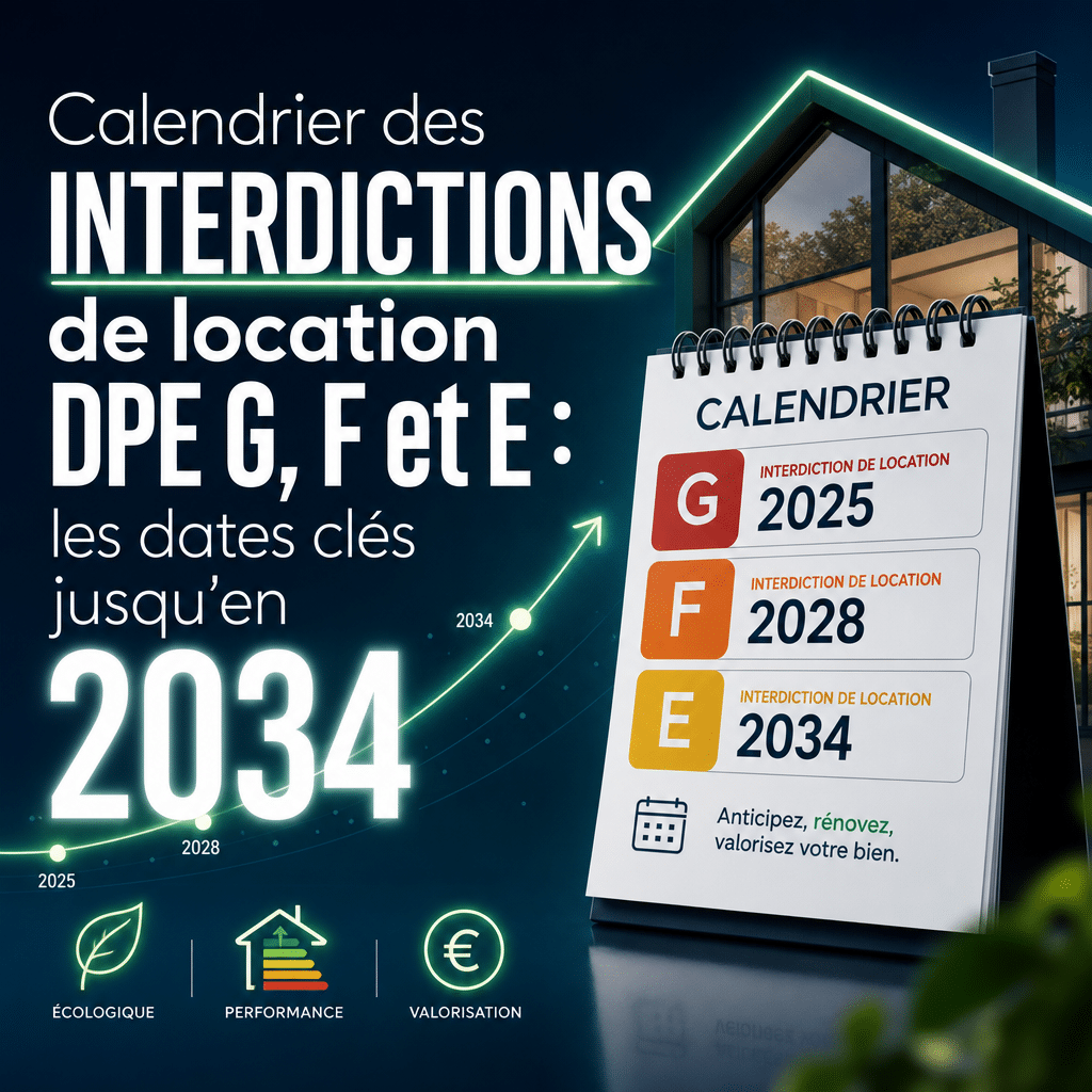 Visuel sur interdiction location DPE calendrier dates - Calendrier des interdictions de location DPE G, F et E : les dates clés jusqu'en 2034