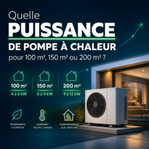Illustration générée pour l’article : Quelle puissance de pompe à chaleur pour 100 m², 150 m² ou 200 m² ?