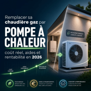 Illustration générée pour l’article : Remplacer sa chaudière gaz par une pompe à chaleur : coût réel, aides et rentabilité en 2026