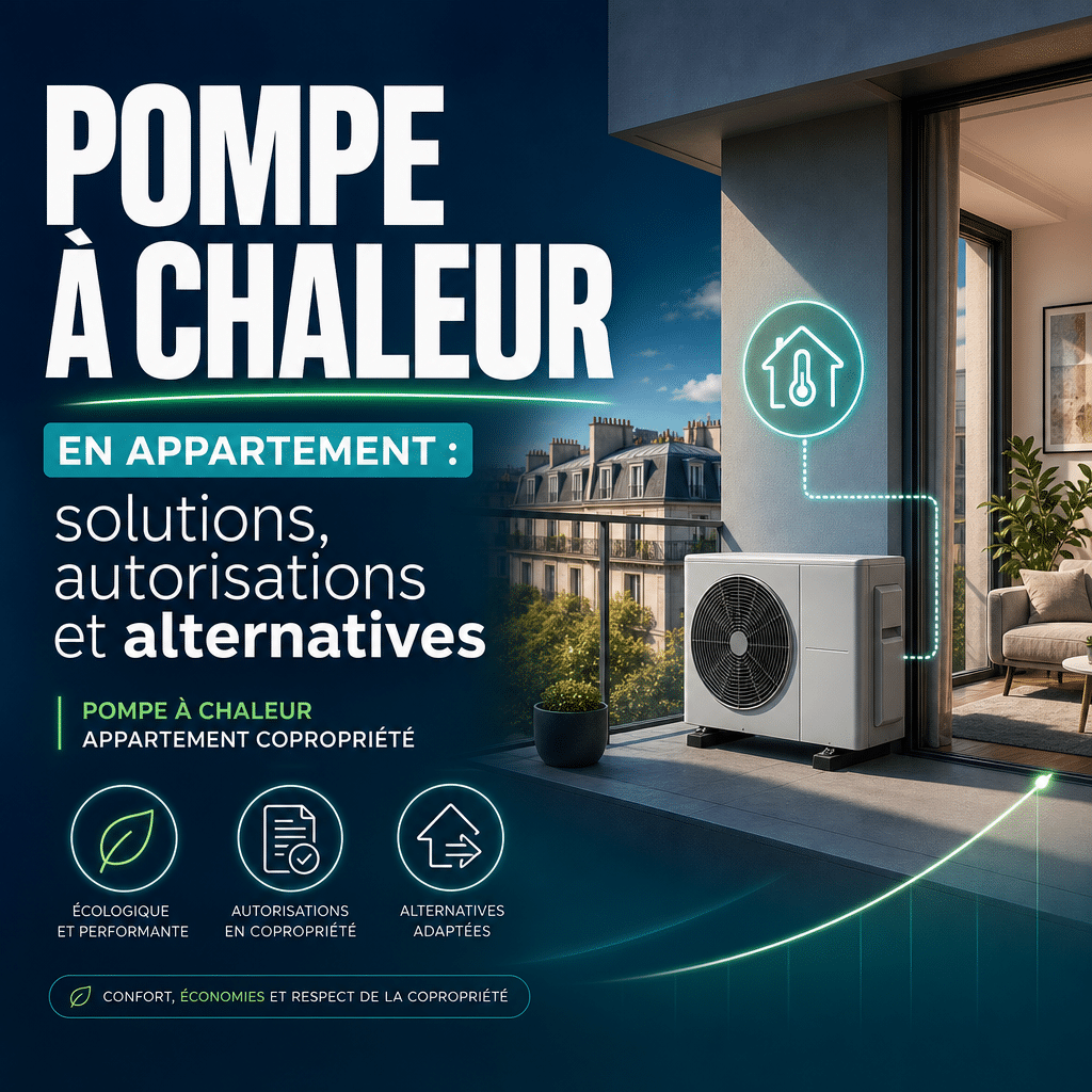 Illustration générée pour l’article : Pompe à chaleur en appartement : solutions, autorisations et alternatives